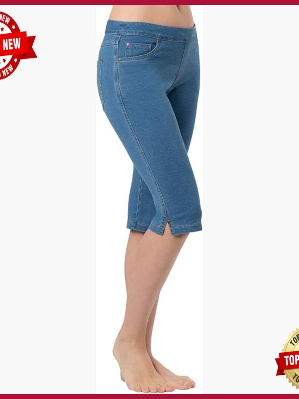 Bermuda Shorts with Pockets, Knee Length Pull On, Stretch Denim